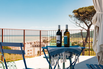 Una terrazza sul mare con un tavolino coperto da un telo a frange e due bottiglie di vino, la ringhiera e un pino sullo sfondo.