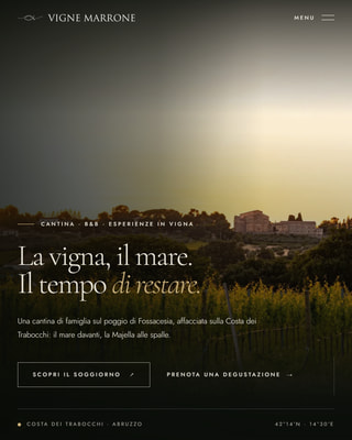L’apertura del sito di una cantina: il titolo «La vigna, il mare. Il tempo di restare.» sopra una vigna al tramonto.