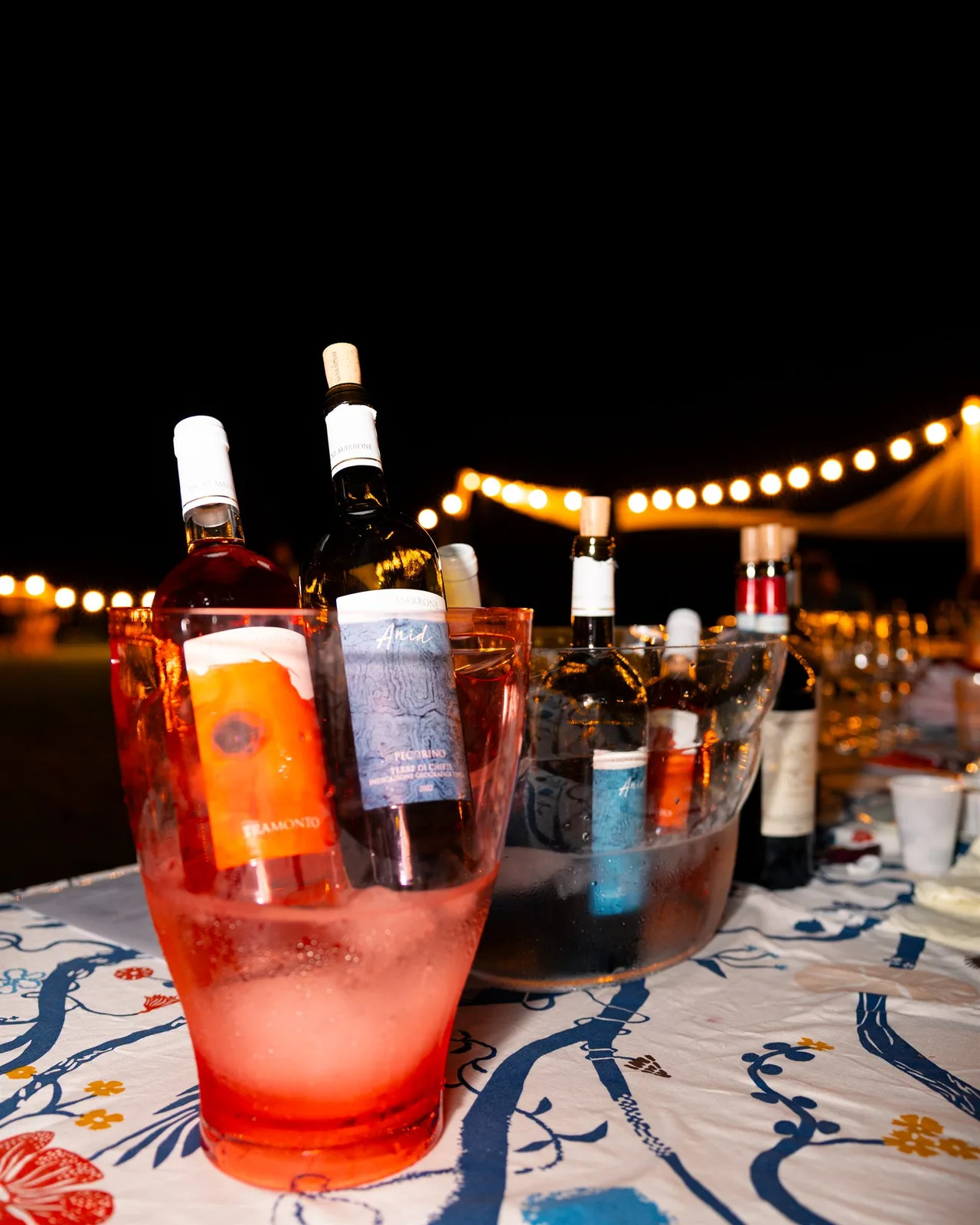 Bottiglie di vino esposte sotto le luci di una serata di degustazione